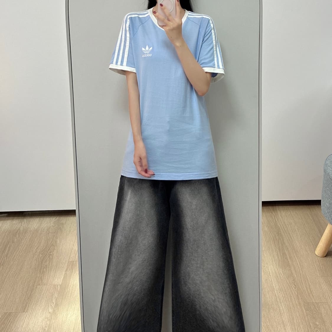 아디다스 스카이블루 삼선 링거 반팔 티셔츠 상품이미지1