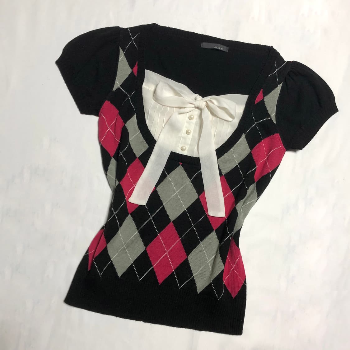 리본 로걀 아가일 니트 탑 블랙 상품이미지2