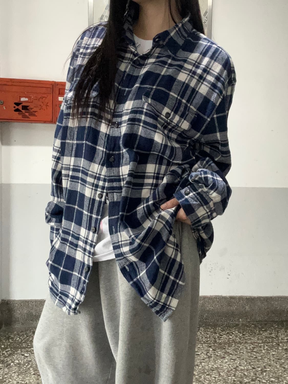 90s 아메리칸 빈티지 네이비체크 플란넬셔츠 상품이미지1