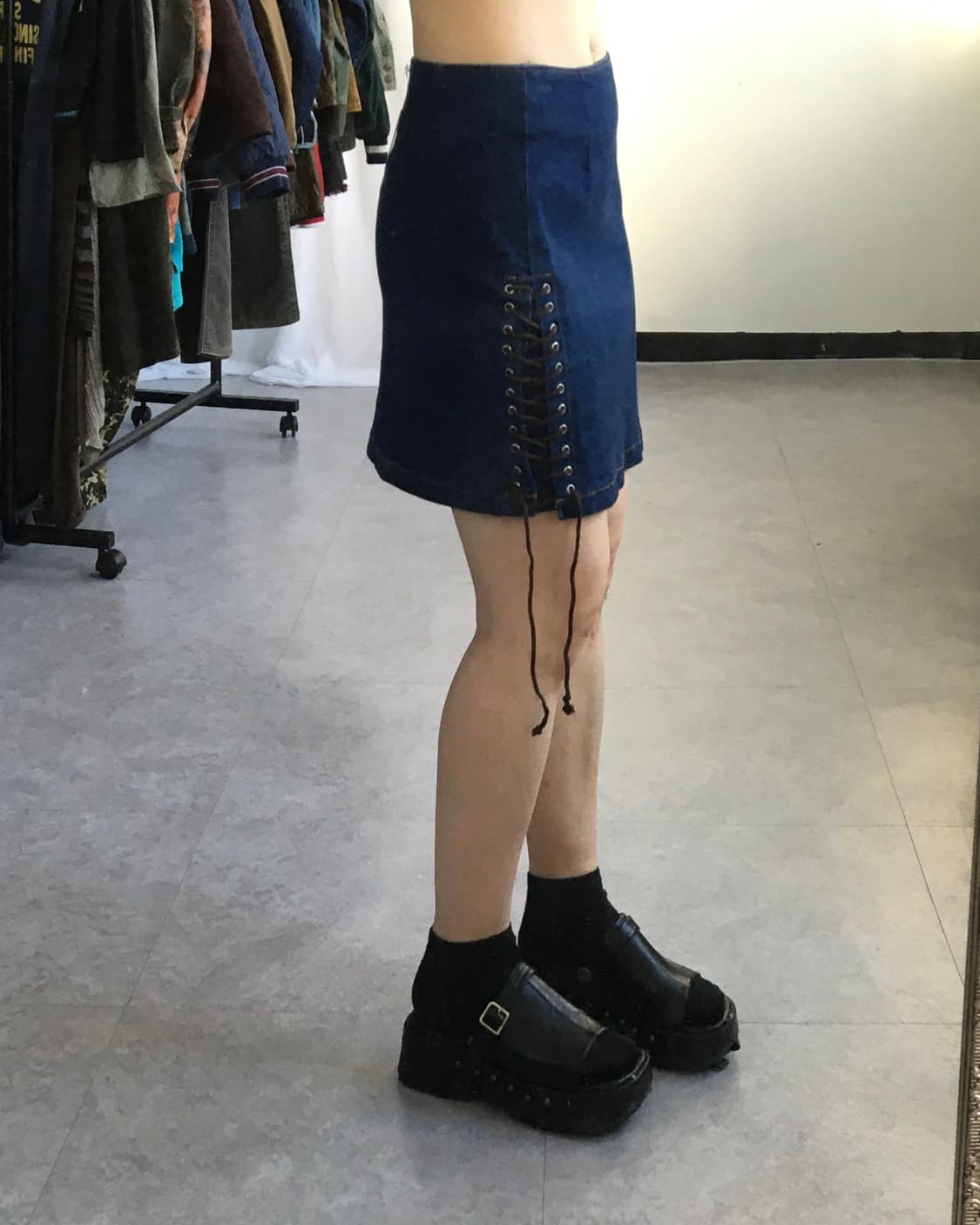 Lace up point denim mini skirt 상품이미지1