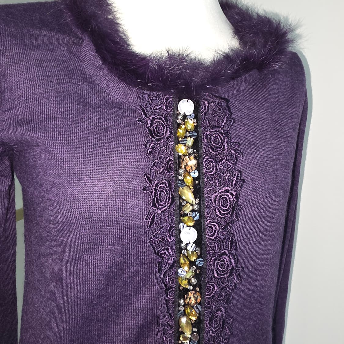 홍콩빈티지)퍼플 퍼 고딕로리타 로즈st 큐빅 로맨틱 니트 가디건블라우스 상품이미지2