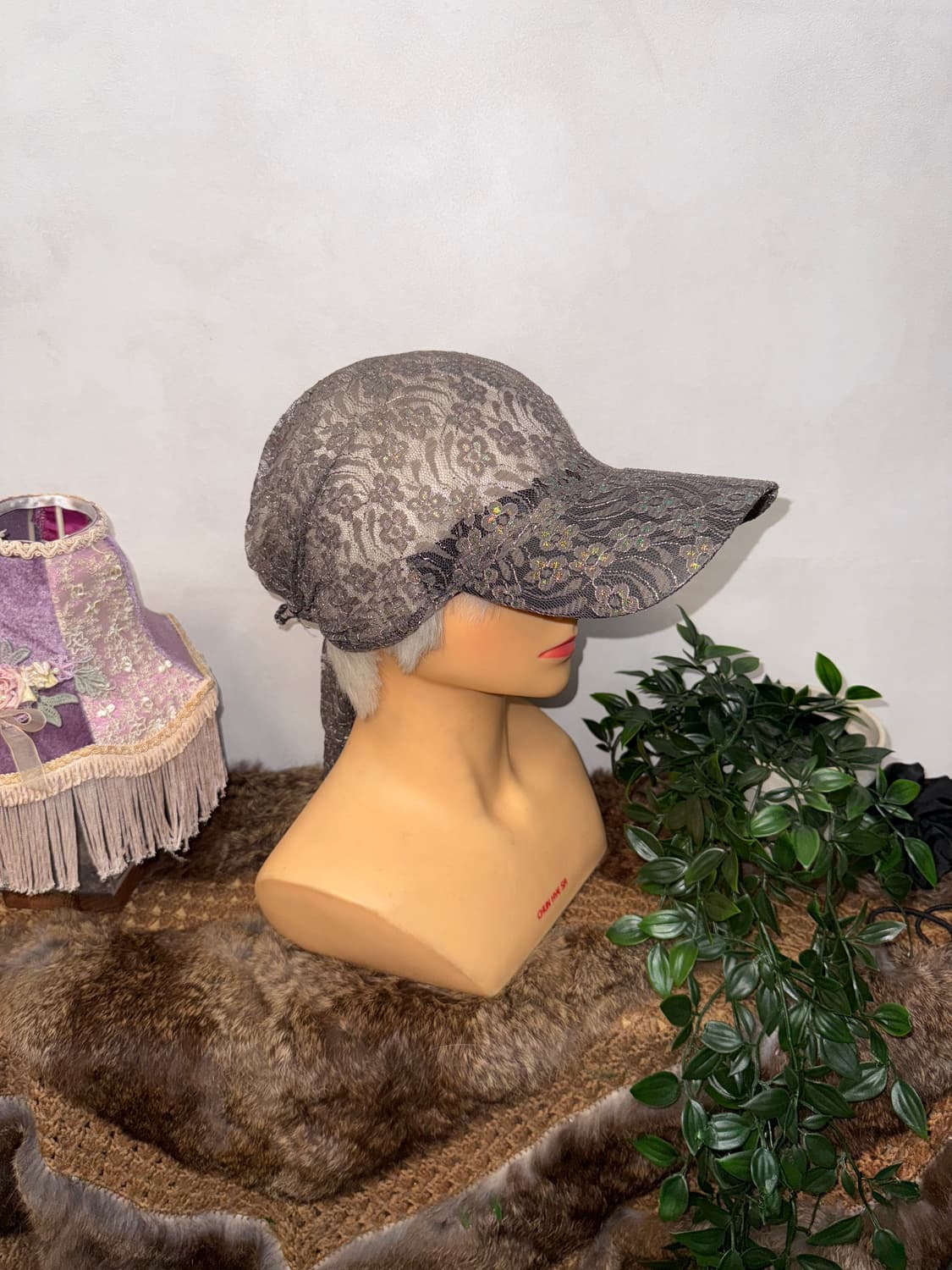 Gray glitter floral lace scarf ball cap 상품이미지4