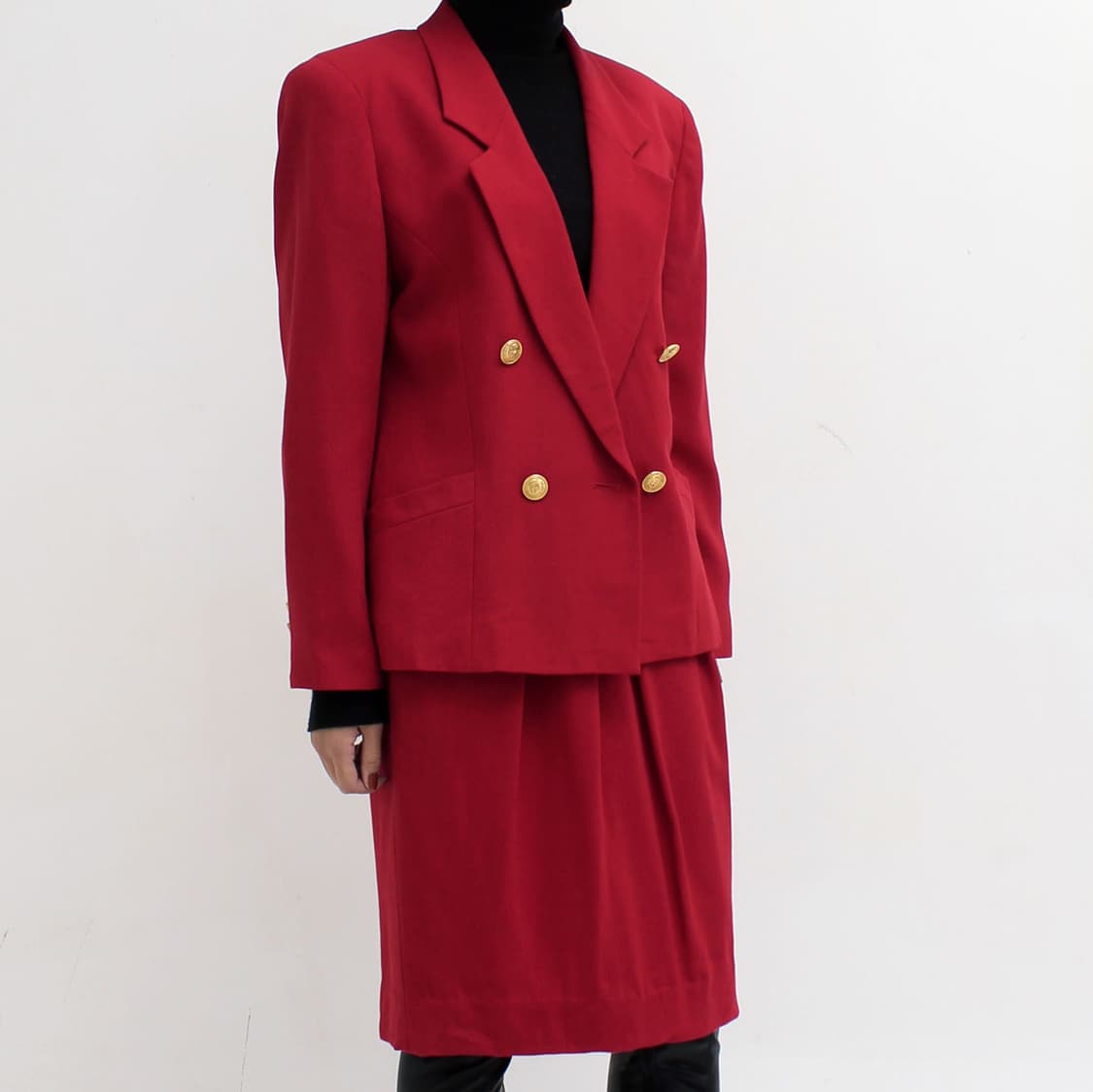 일본 빈티지 레드 써머 울 골드 더블버튼 자켓 미디 스커트 셋업 세트 상품이미지1