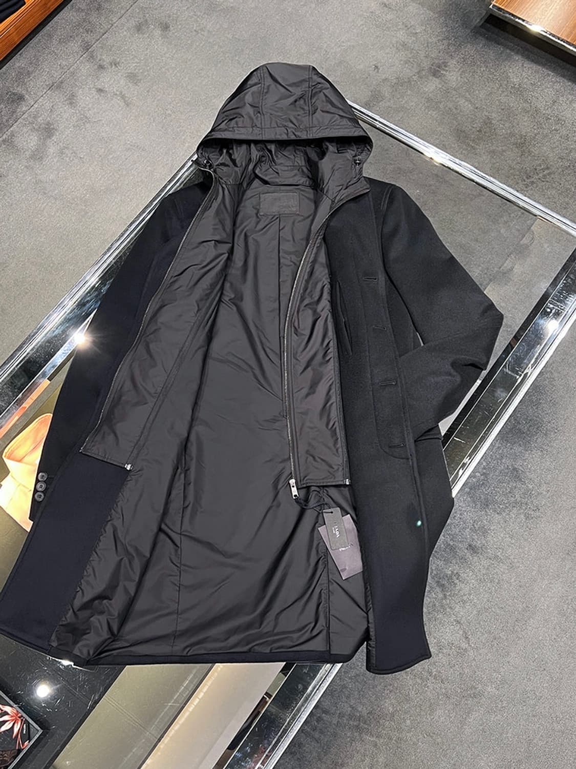 프라다 탈부착 나일론 후드 남성 울 코트 52 (UC412D 1FQX) 상품이미지5