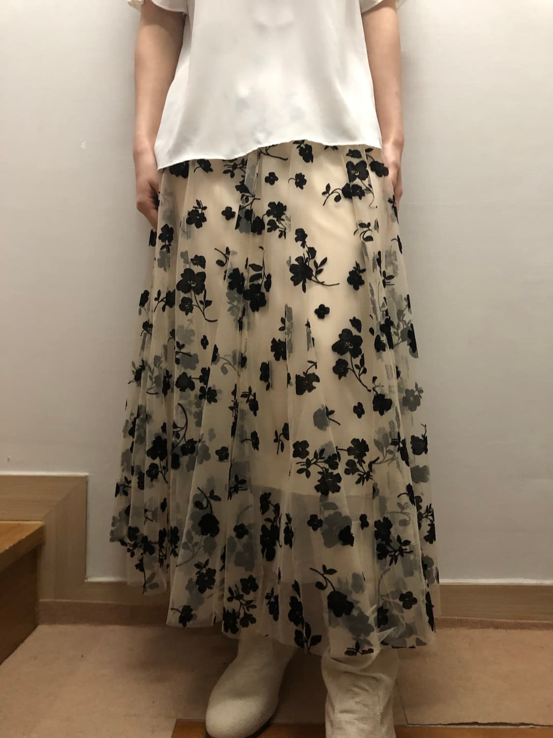 빈티지 베이지 블랙 플라워 레이스 스커트 상품이미지2