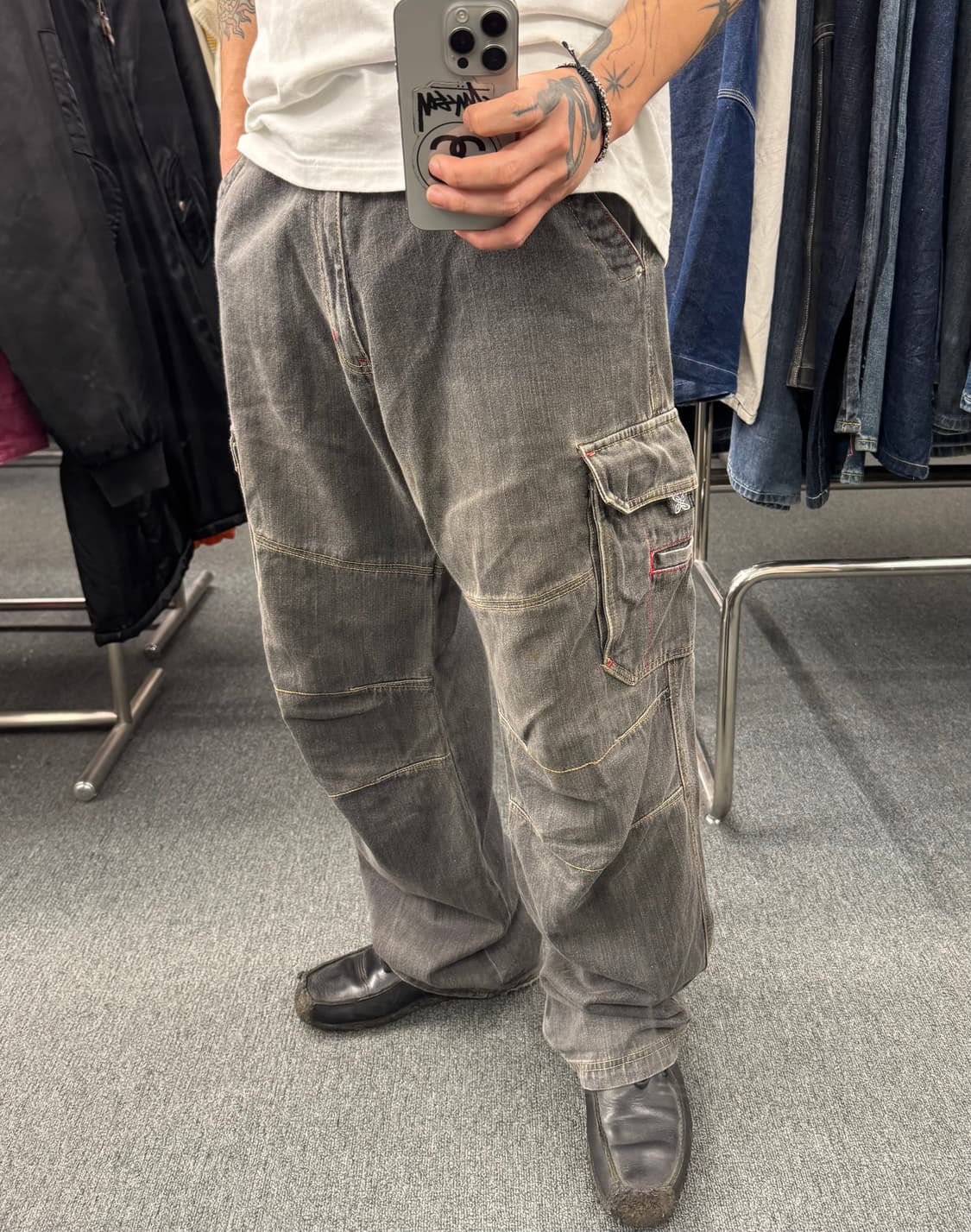 L)PIKO 빈티지 자수&프린팅 흑청 카고팬츠 상품이미지1