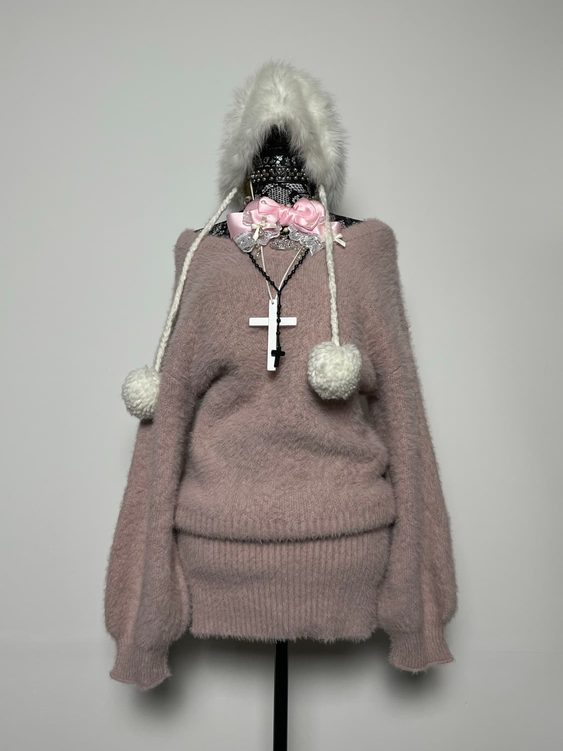 Jpn 핑크 히메갸루 오프숄더 퍼 니트 상품이미지2