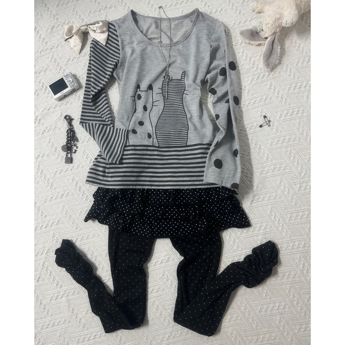 캣 프린티드 패턴 레깅스 스커트 3pcs SET 상품이미지1