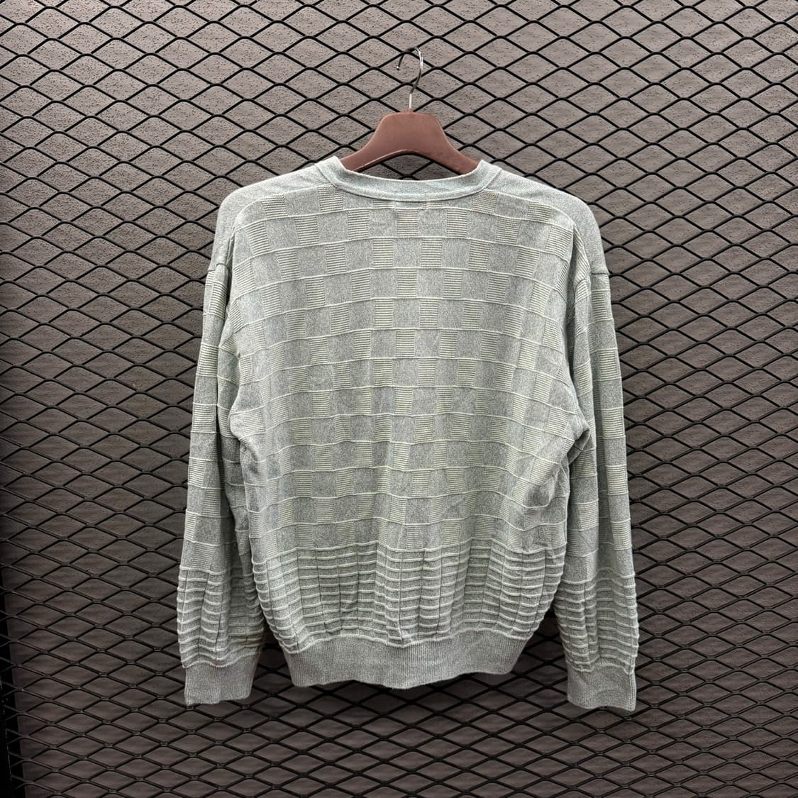 JPN VINTAGE V넥 가디건 엠보싱 라인 리버스 블록 패턴 디테일 상품이미지3