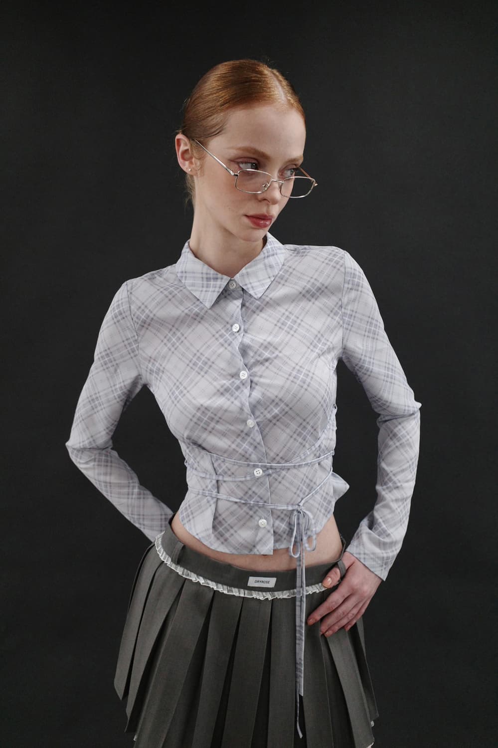 dryrose check string blouse 드라이로즈 체크 셔츠 상품이미지1