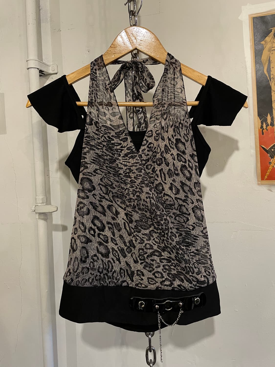 레오파드 패턴 홀터 체인 블랙 슬리브리스 갸루 상품이미지2