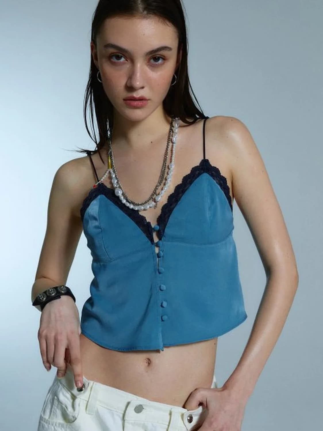 LACE TOP BLOUSE BLUE 상품이미지1