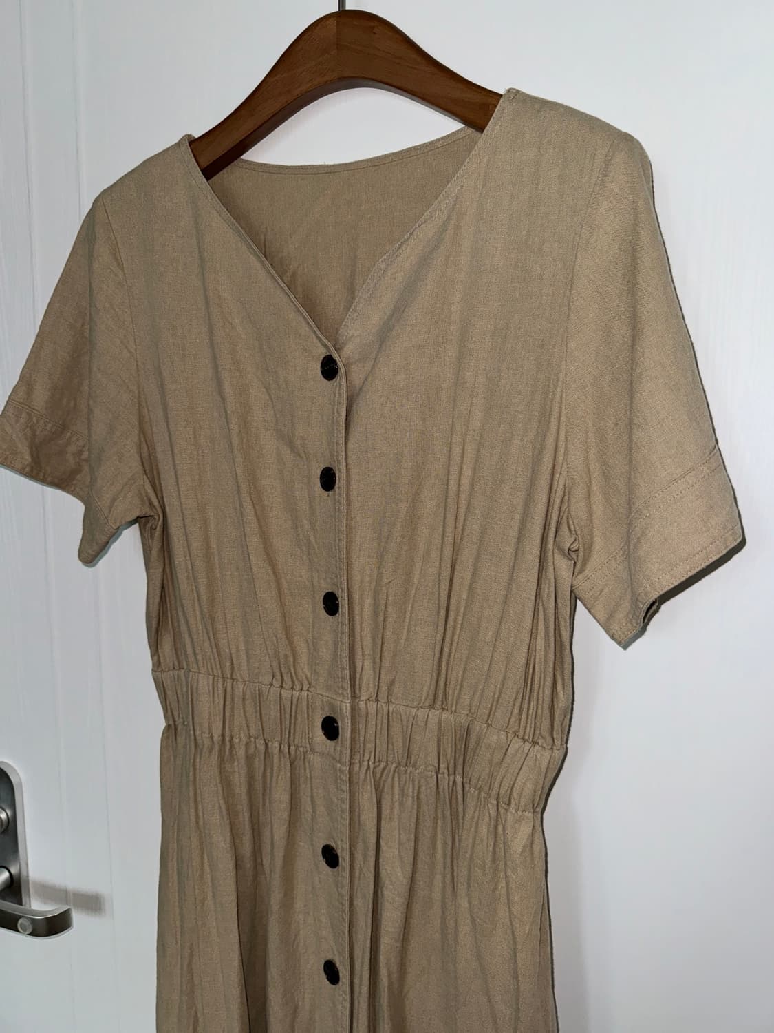 Beige Button Front Linen Blend Dress 상품이미지3
