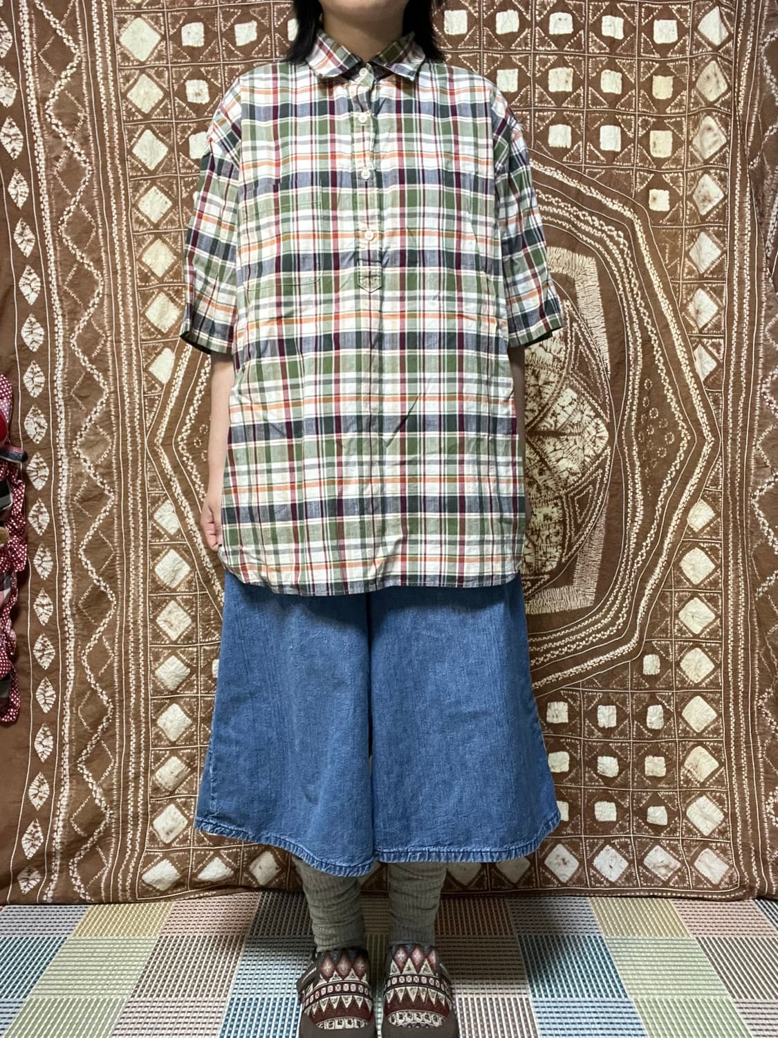 Uniqlo 그린 오렌지 반팔 셔츠 상품이미지5