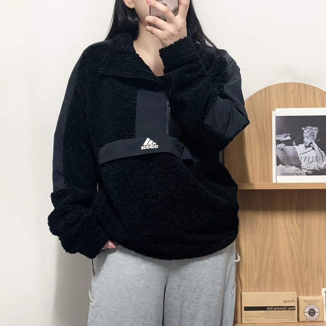 [정품] 아디다스 블랙 언발란스 뽀글리 후리스 [ L ] 상품이미지3
