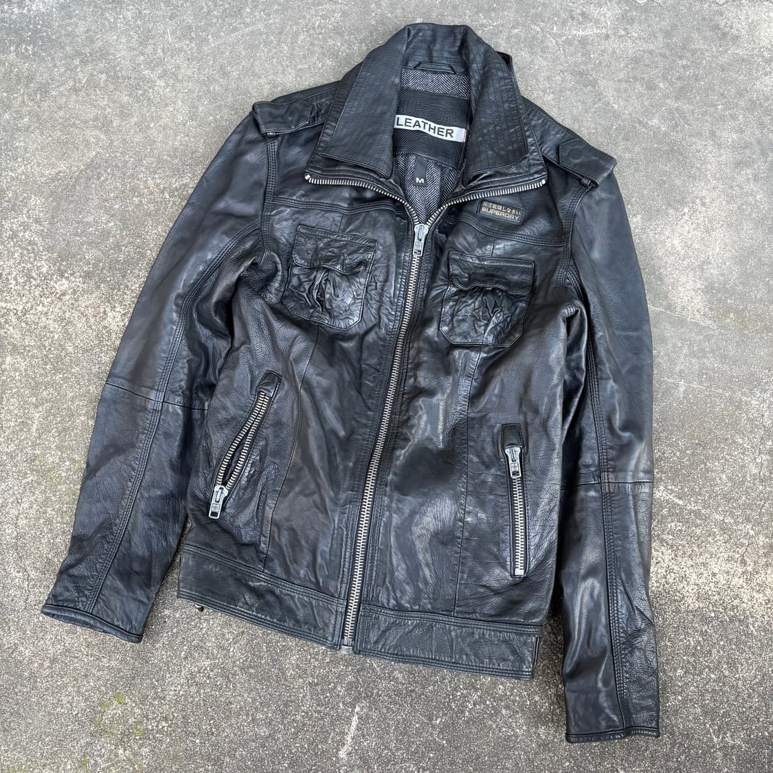 슈퍼드라이 라이언 바이커 블랙 레더 모토 자켓 상품이미지4