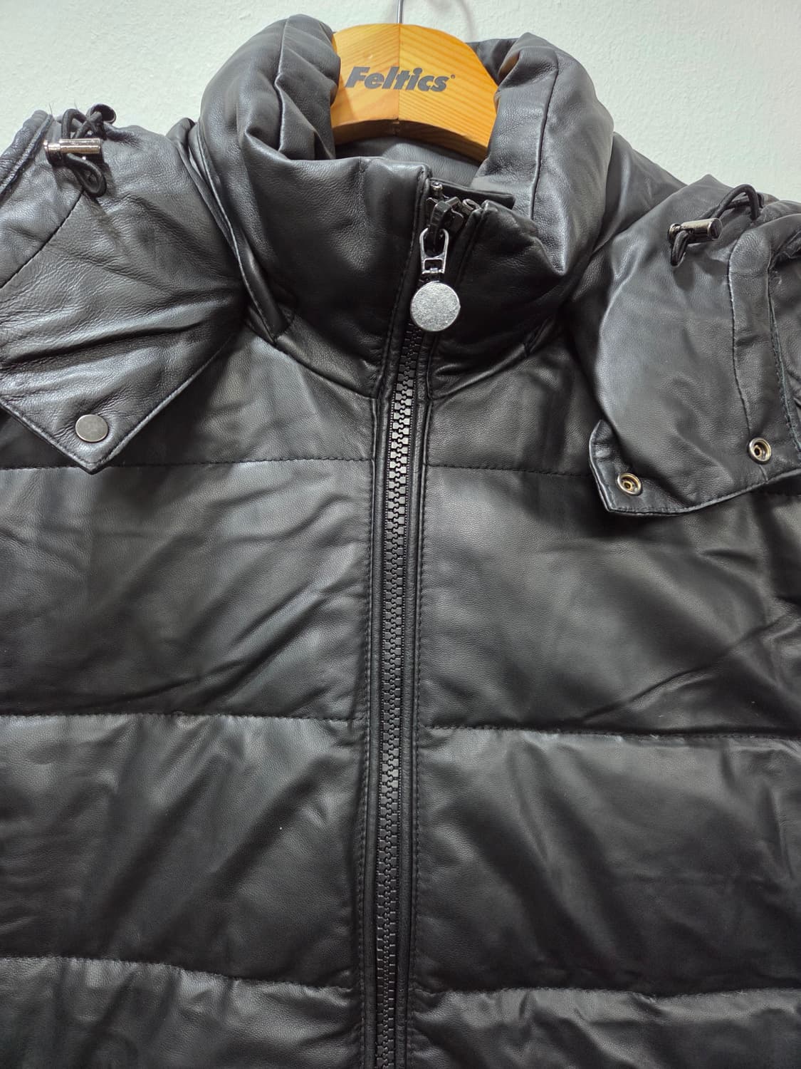 블랙 가죽 덕다운 패딩 점퍼 후드 탈부착 상품이미지2