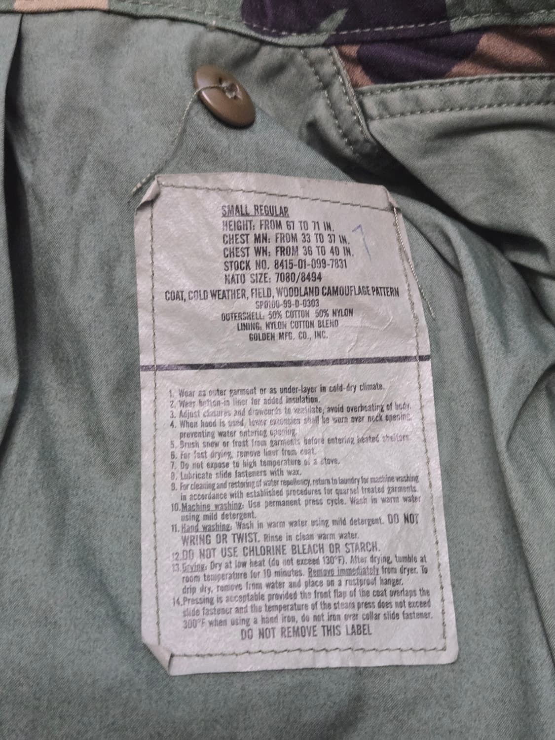 오리지널 US ARMY M65 필드 자켓 우드랜드(스몰/레귤러) 상품이미지7