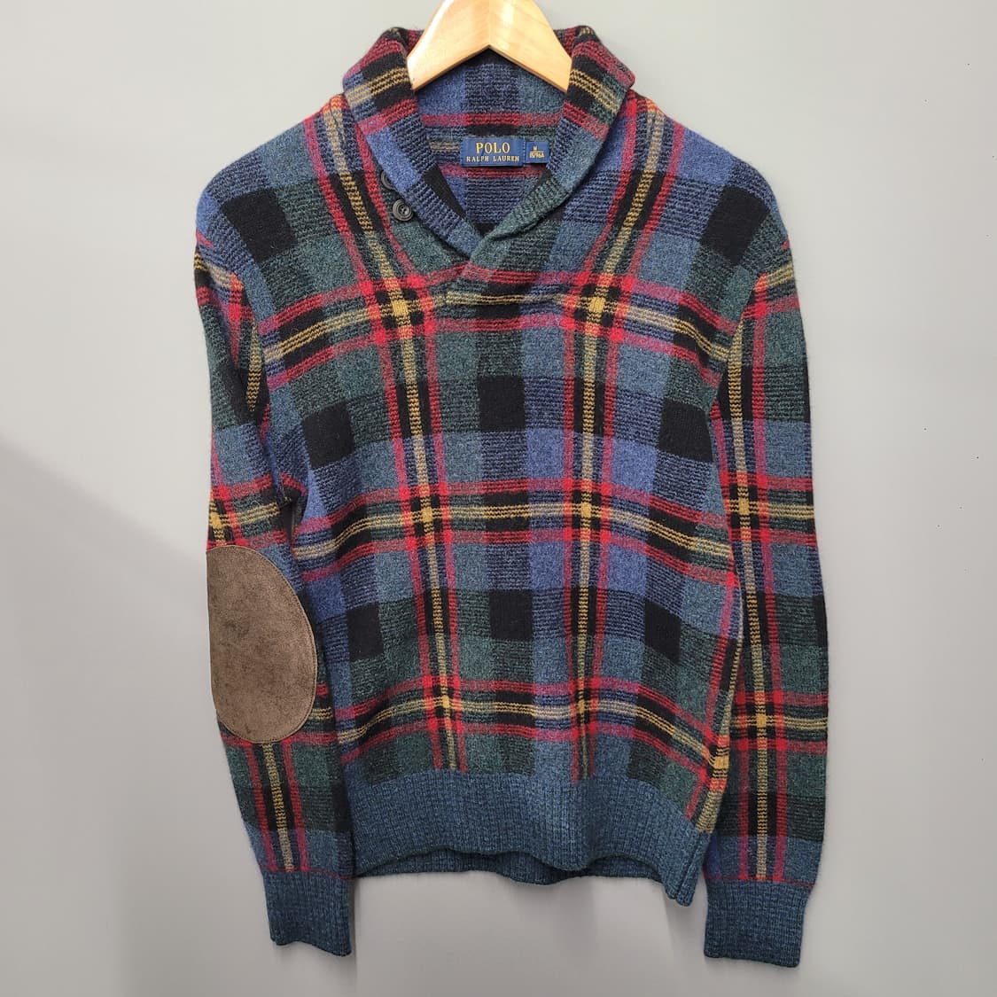 폴로랄프로렌 엘보 패치 숄카라 타탄 울 스웨터 니트 상품이미지1