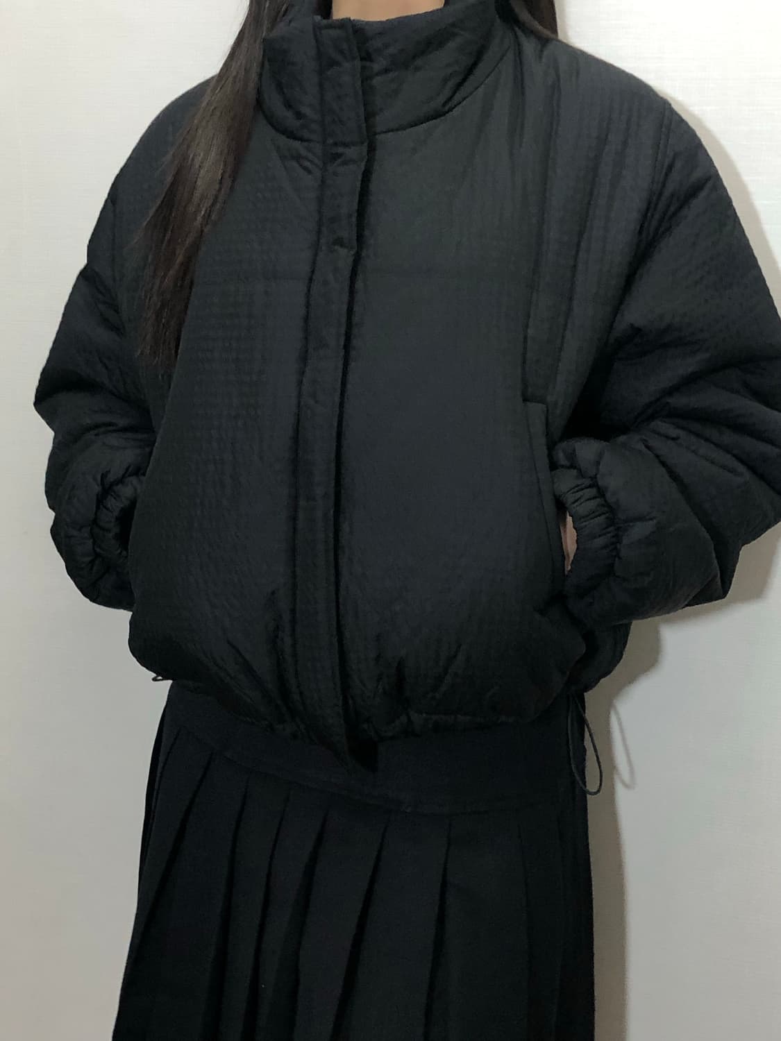 빈티지 블랙 체크 숏 패딩 상품이미지2