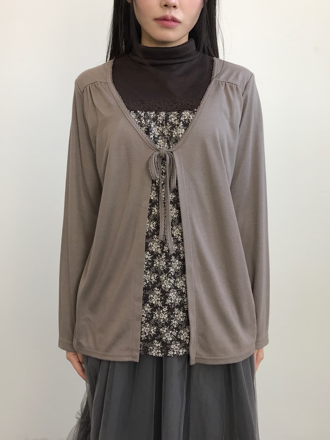 Jpn Brown Grey Ruffle Trim Layered Top 상품이미지2