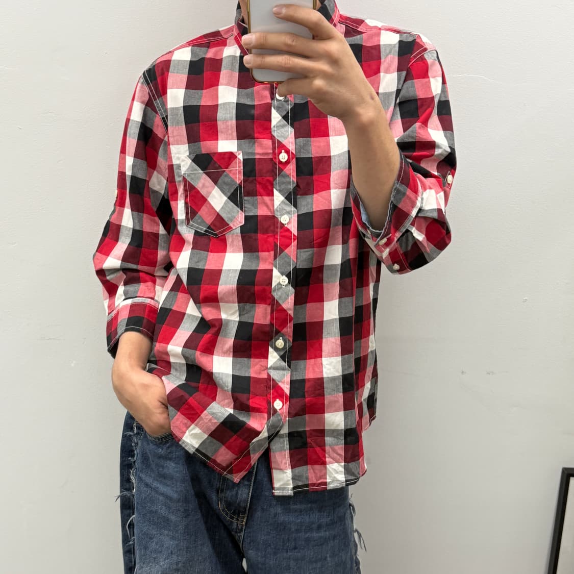 노네임 레드 7부체크셔츠 상품이미지1