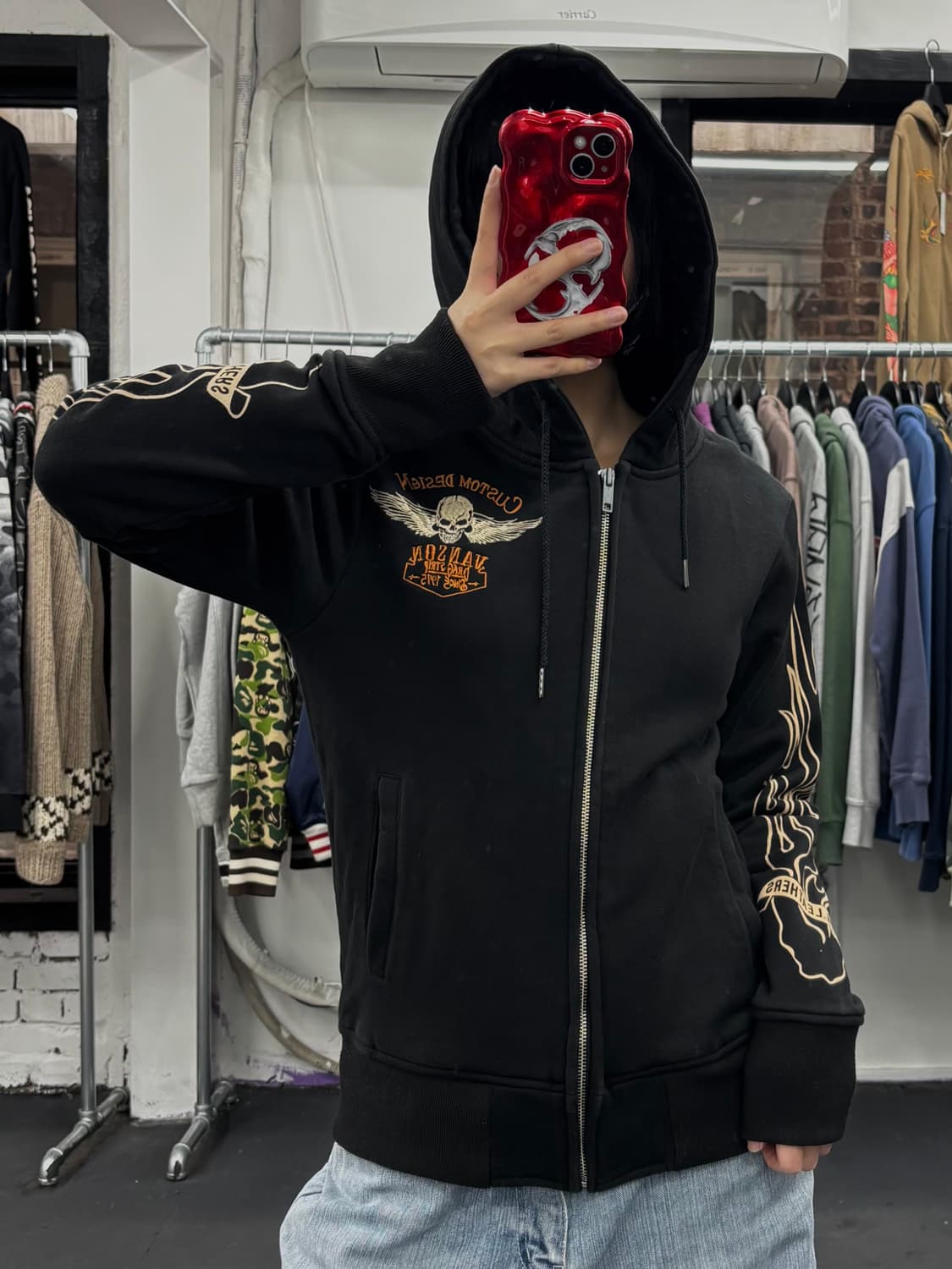 밴슨 레더 사이드 로고 스컬 후드집업 상품이미지2