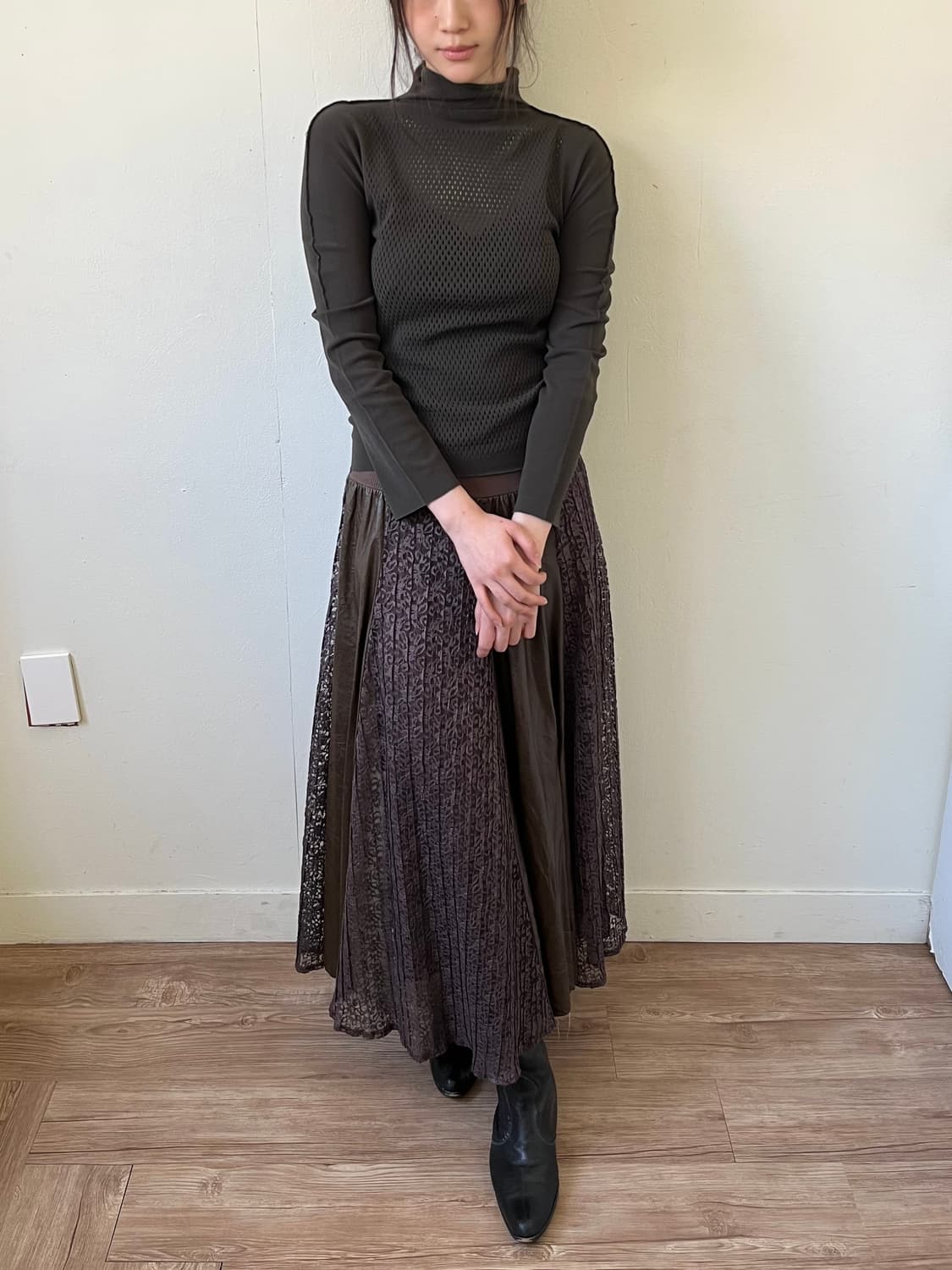 And Coutwie 브라운 레더 레이스 스커트 상품이미지4