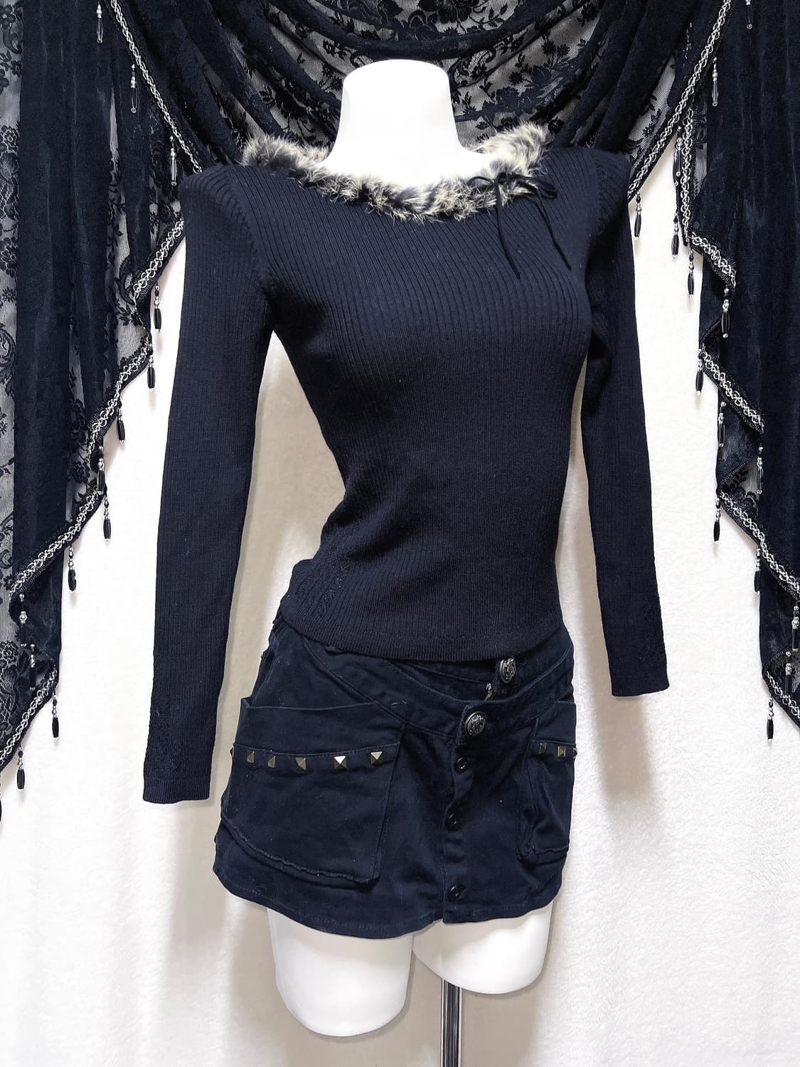 래빗퍼트리밍 오네갸루 펑크 y2k 00 와투케 섹시 골지 니트 긴팔탑 상품이미지3