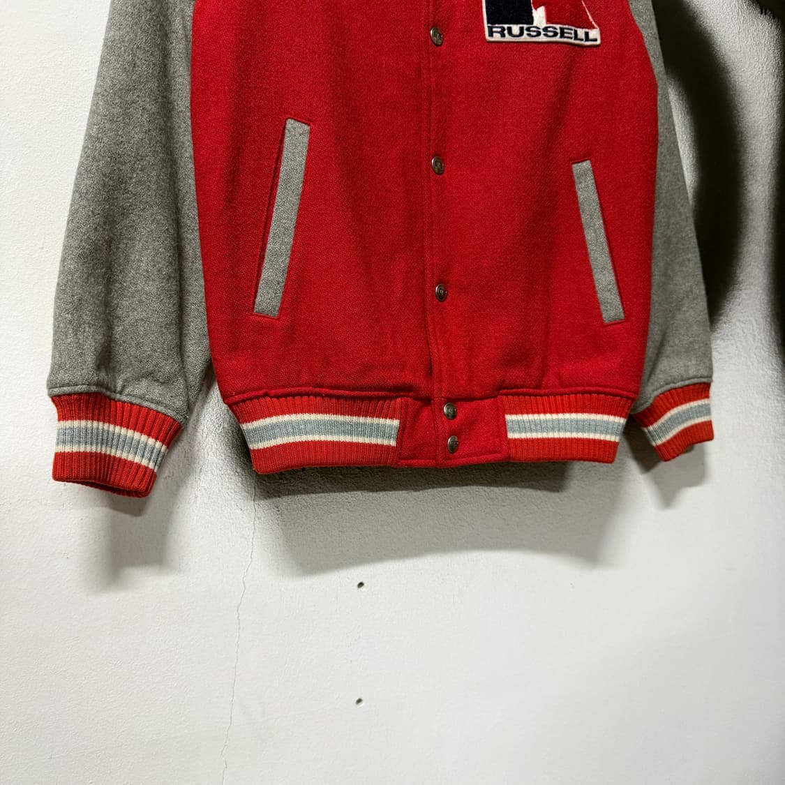 90s 러셀 올드스쿨 빅 패치 울 혼방 바시티 자켓 상품이미지4