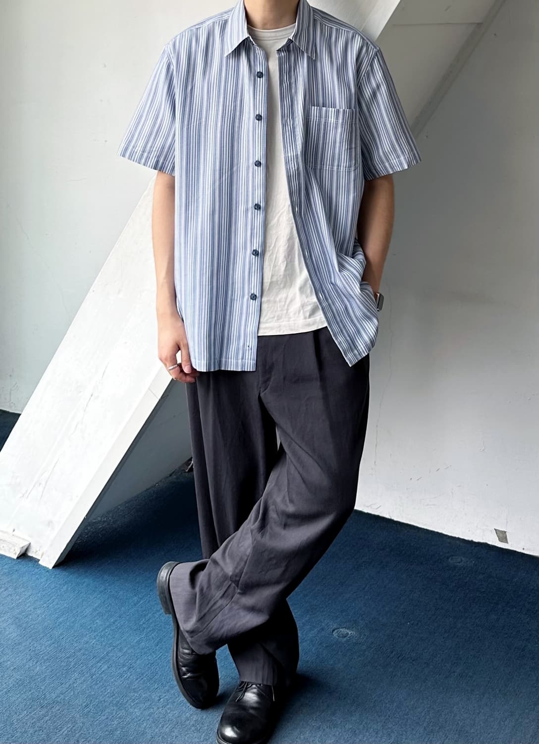 High count multi stripe woven H/S shirt 상품이미지9