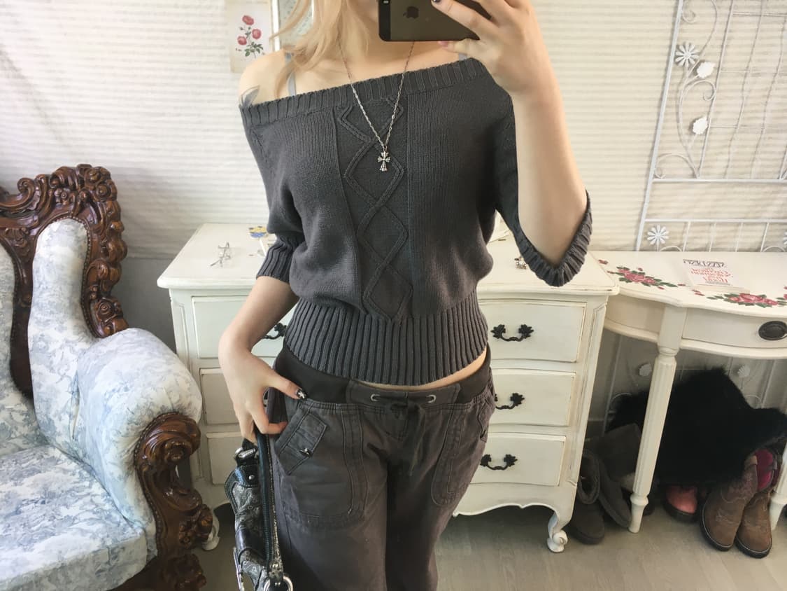jpn vintage charcoal off-shoulder knit 상품이미지3