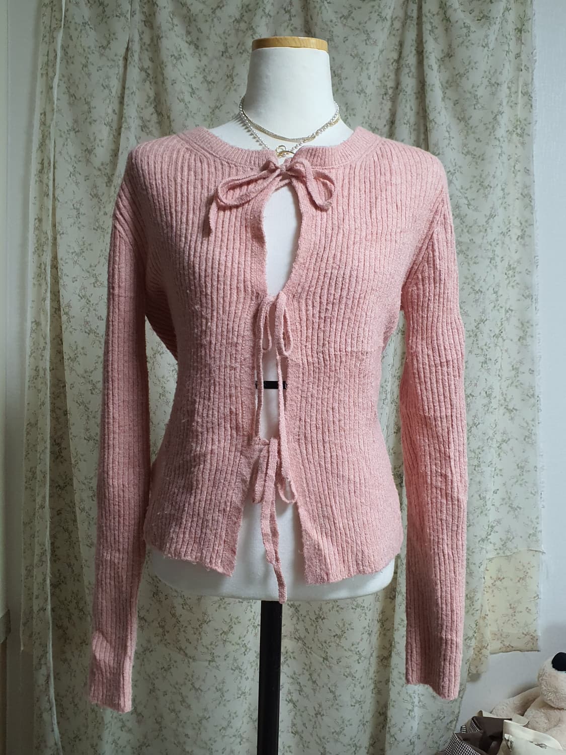 [일본빈티지] 핑크 리본 숏 가디건 니트 발레코어룩 상품이미지2