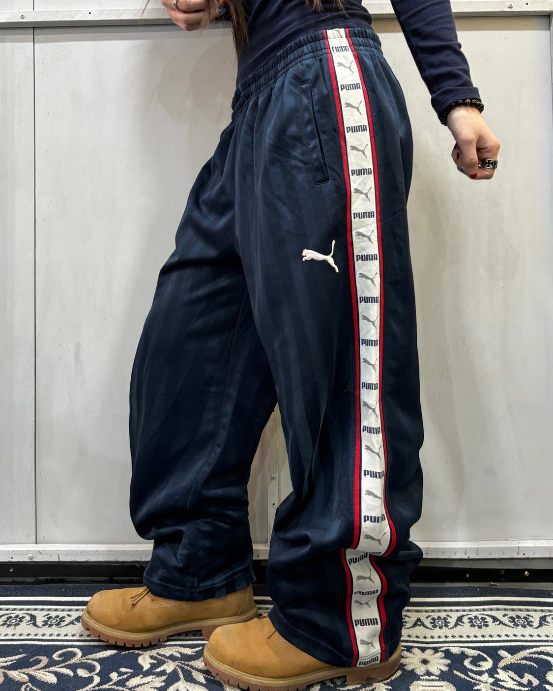 90s PUMA 네이비&화이트 져지 스트라이프 팬츠 상품이미지1