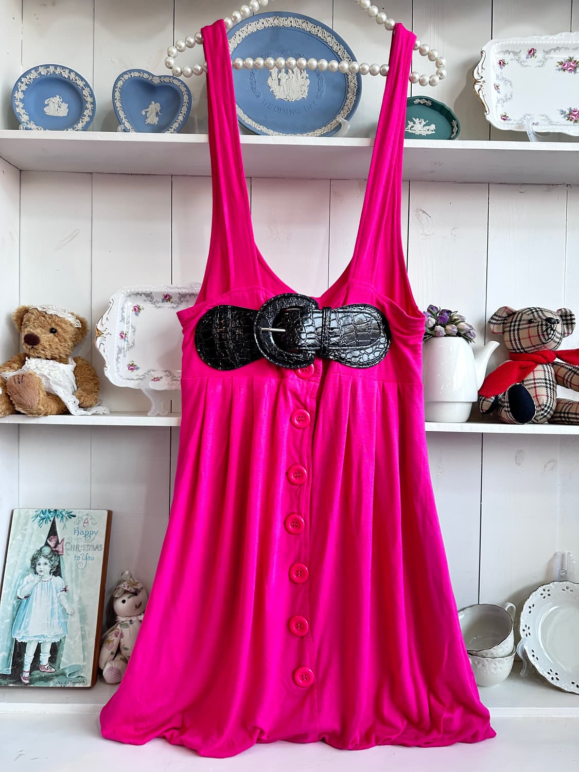 핫핑크 벨트 단추 원피스 상품이미지1