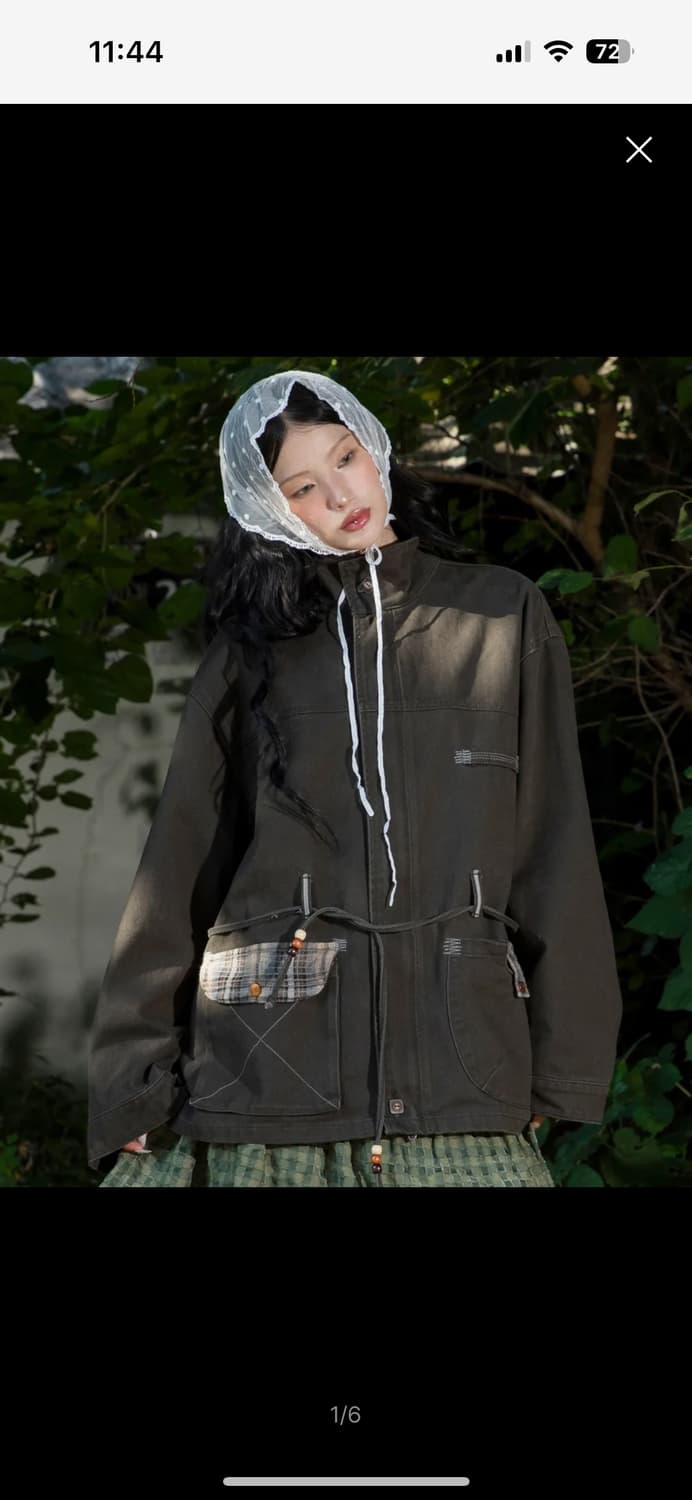 루나키후 하늘 체크 배색 워싱 코튼 자켓 (KHAKI) 상품이미지1
