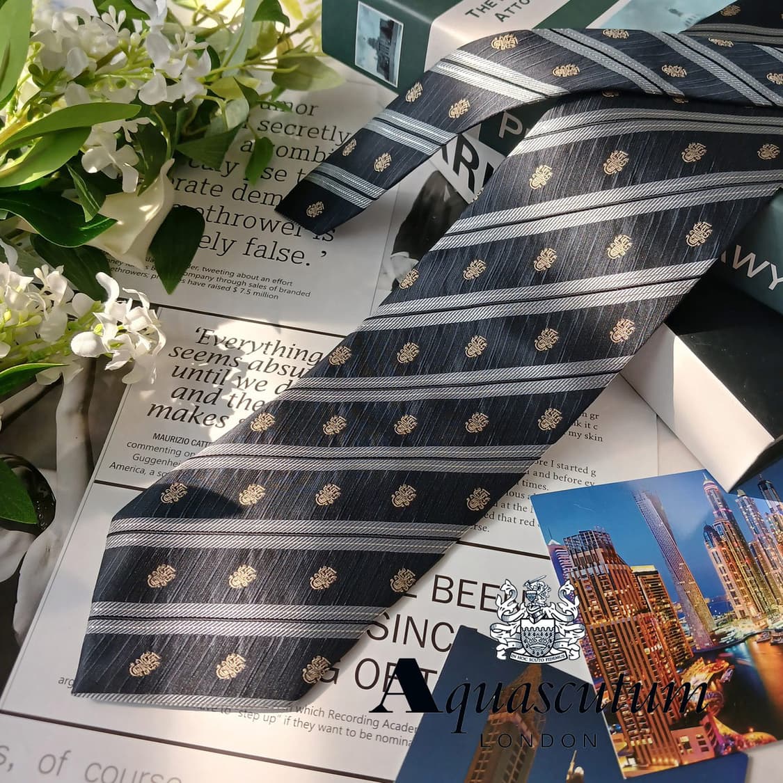 아쿠아스큐텀 스트라이프 로고 패턴 넥타이 9.4cm A+등급 E778 상품이미지1