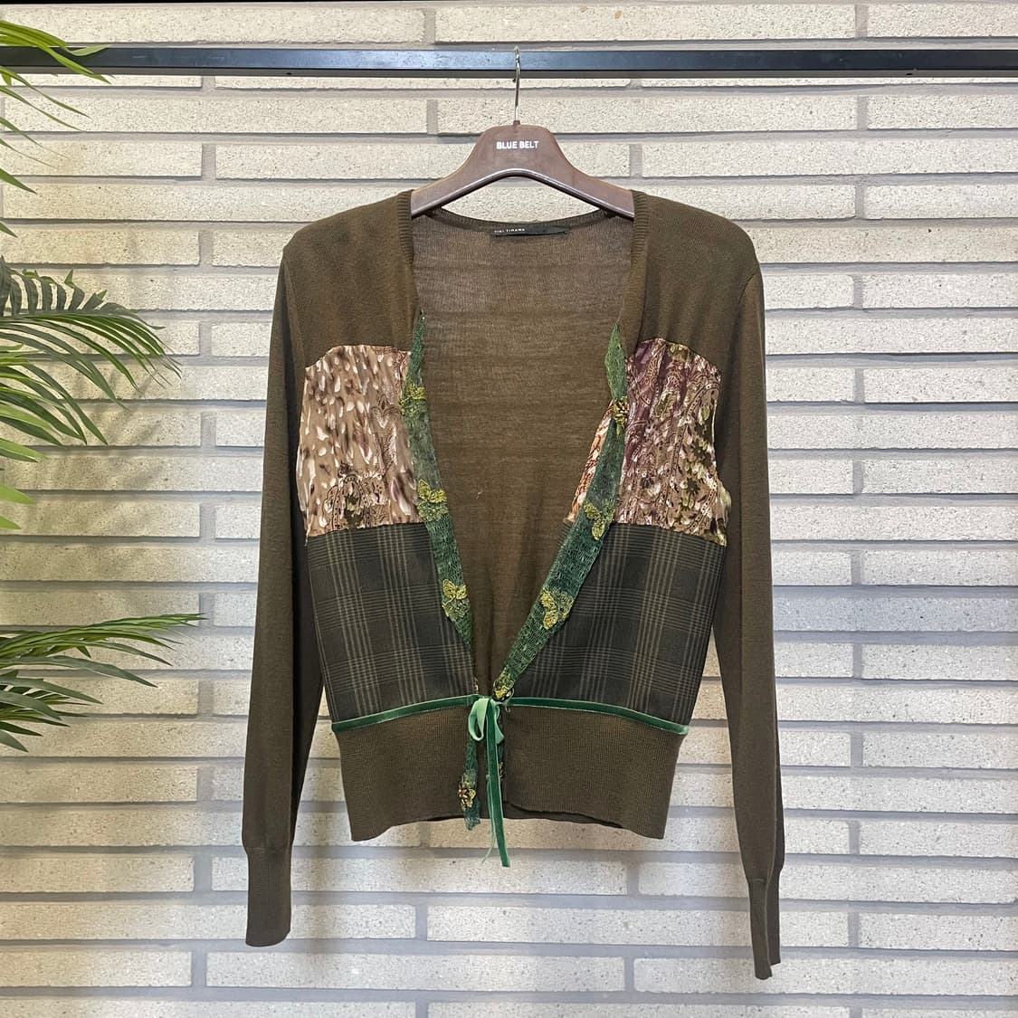 JPN VINTAGE 오픈 니트 가디건 패치워크 스트링 디테일 카키 상품이미지2