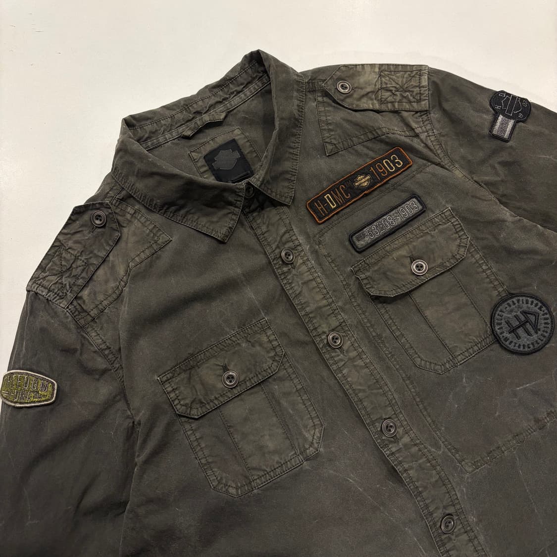 [M] 할리데이비슨 왁스 패치 워크 셔츠 카키 B499 상품이미지3