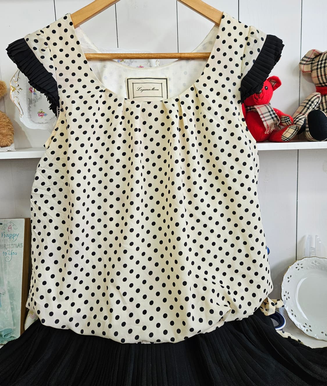 도트 플리츠 배색 원피스 상품이미지2