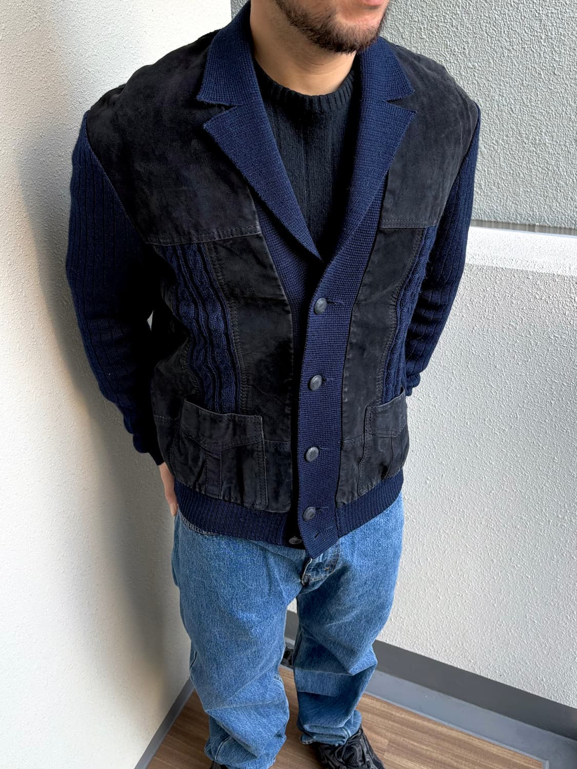 일본 브랜드 빈티지 니트 가디건 (레더 포인트) 상품이미지1