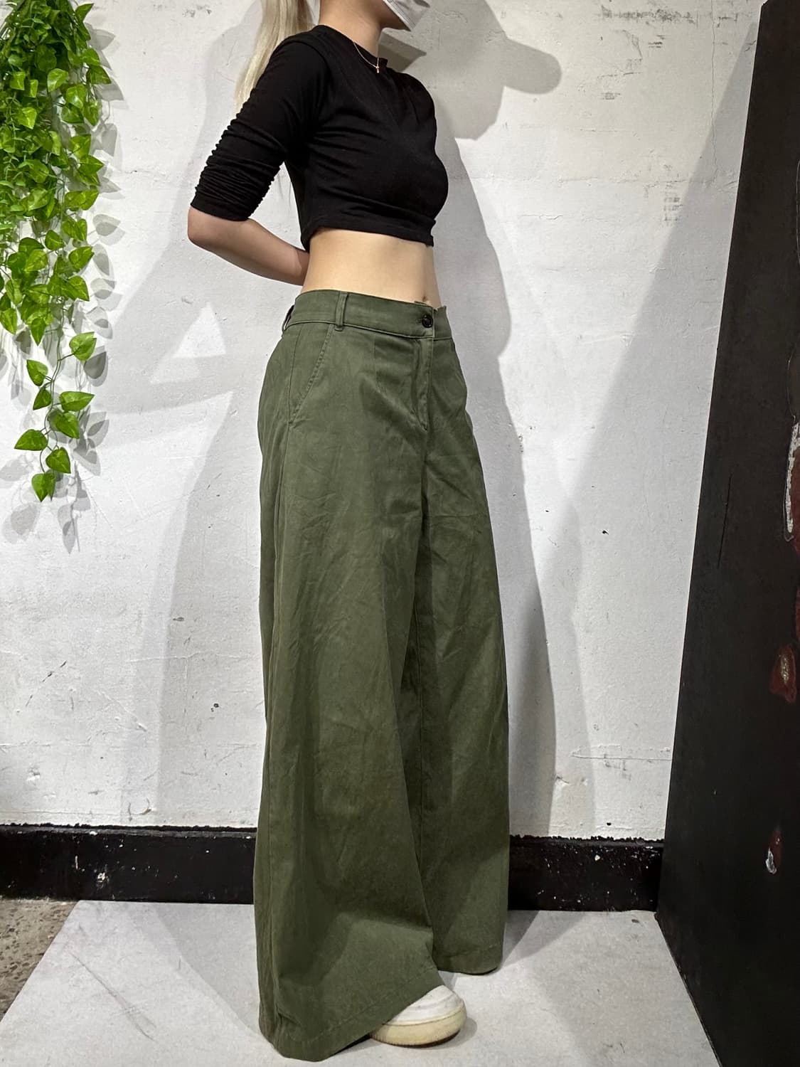 일본 빈티지 카키 하카마 와이드 팬츠 L 상품이미지1