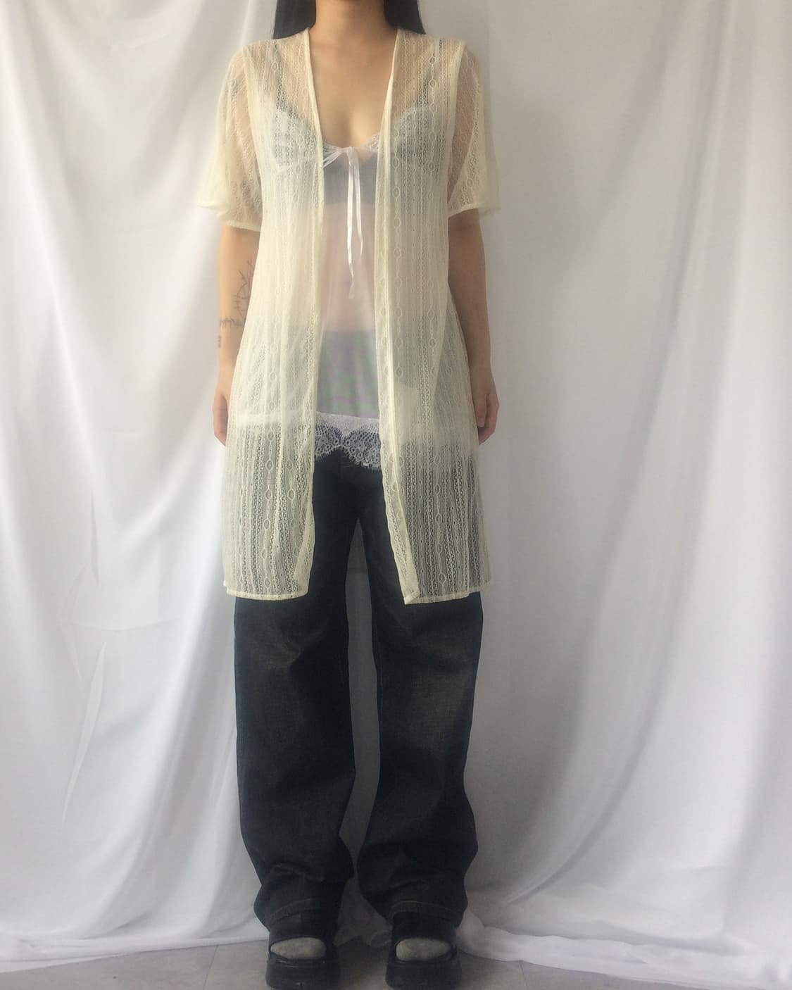 Pattern lace point open long cardigan 상품이미지7