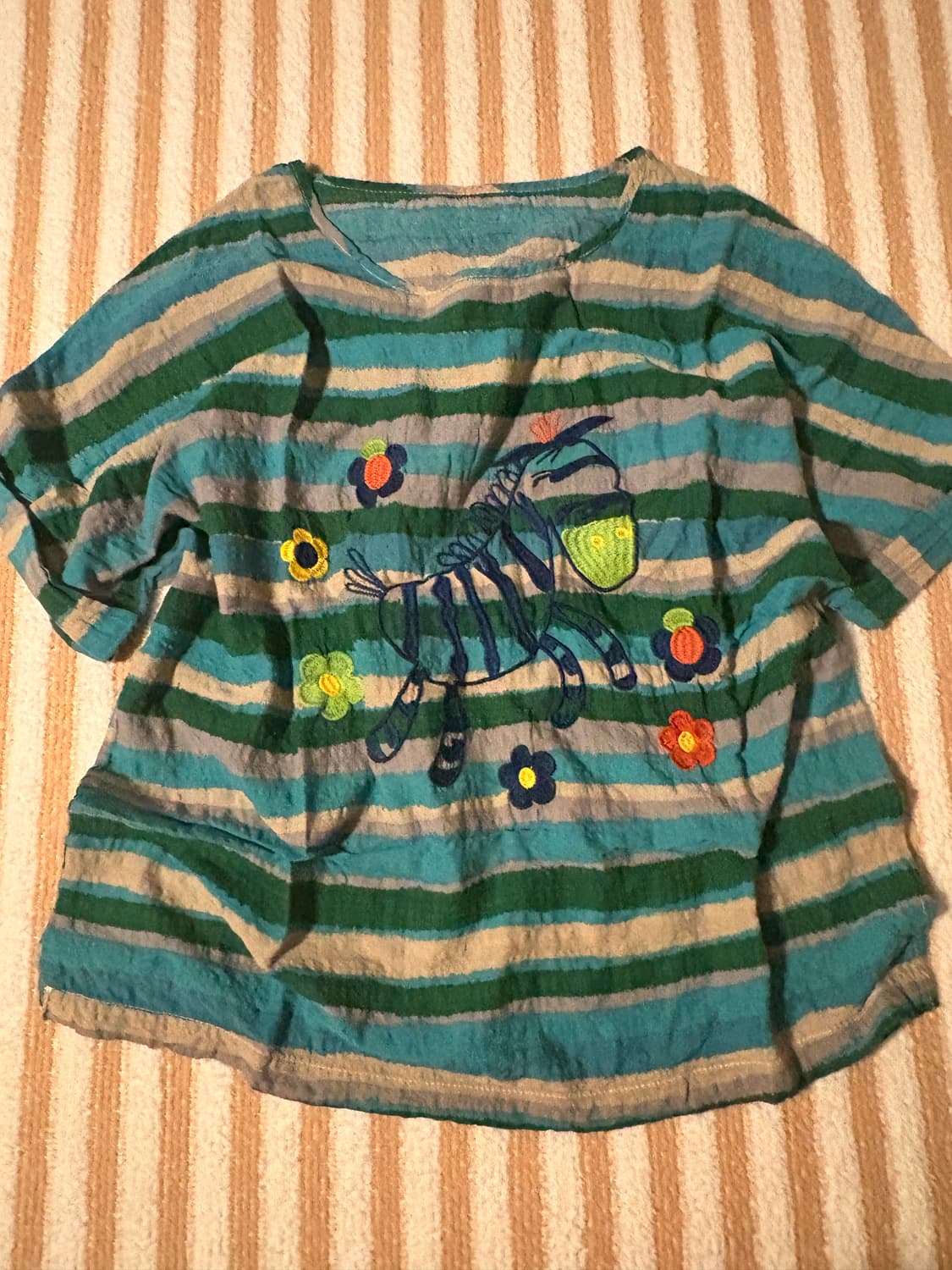 일본 빈티지 얼룩말 자수 반팔 줄무늬 히피 상품이미지1