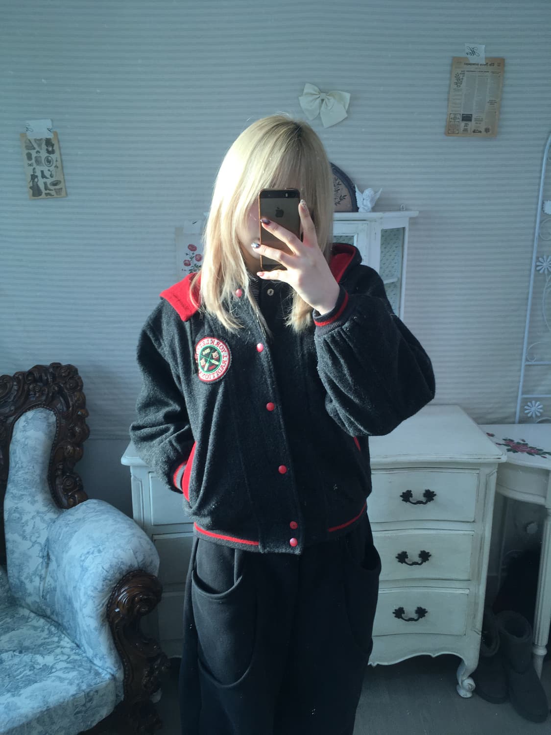 일본빈티지 차콜 후드 패치 자수 베어 후드 점퍼 상품이미지1