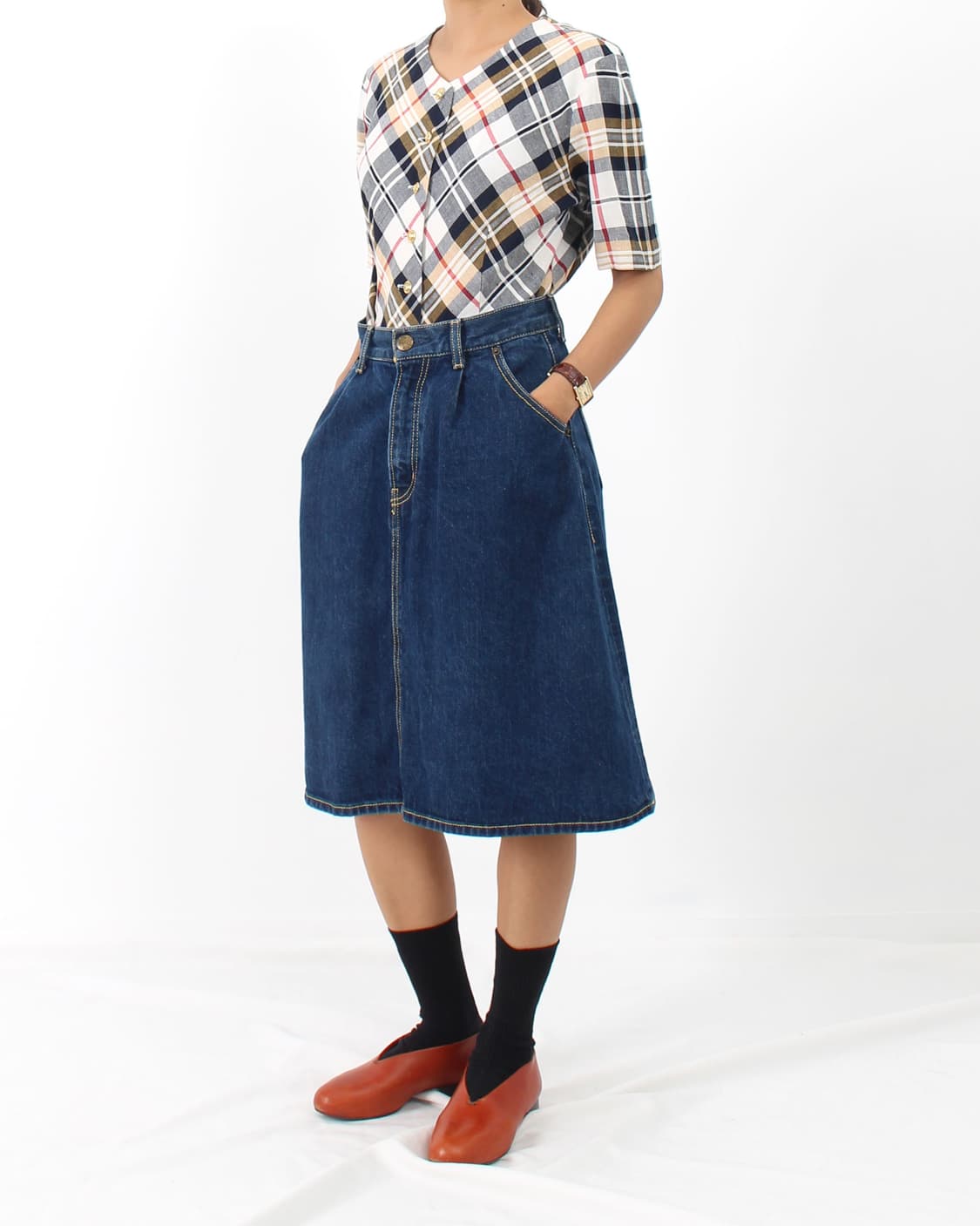 일본 빈티지 체크 인견 골드 버튼 라운드 넥 반팔 블라우스 상품이미지7