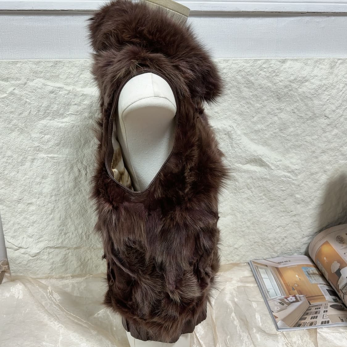빈티지 와인 브라운 폭스퍼 여우털 양가죽 조끼 베스트 상품이미지3