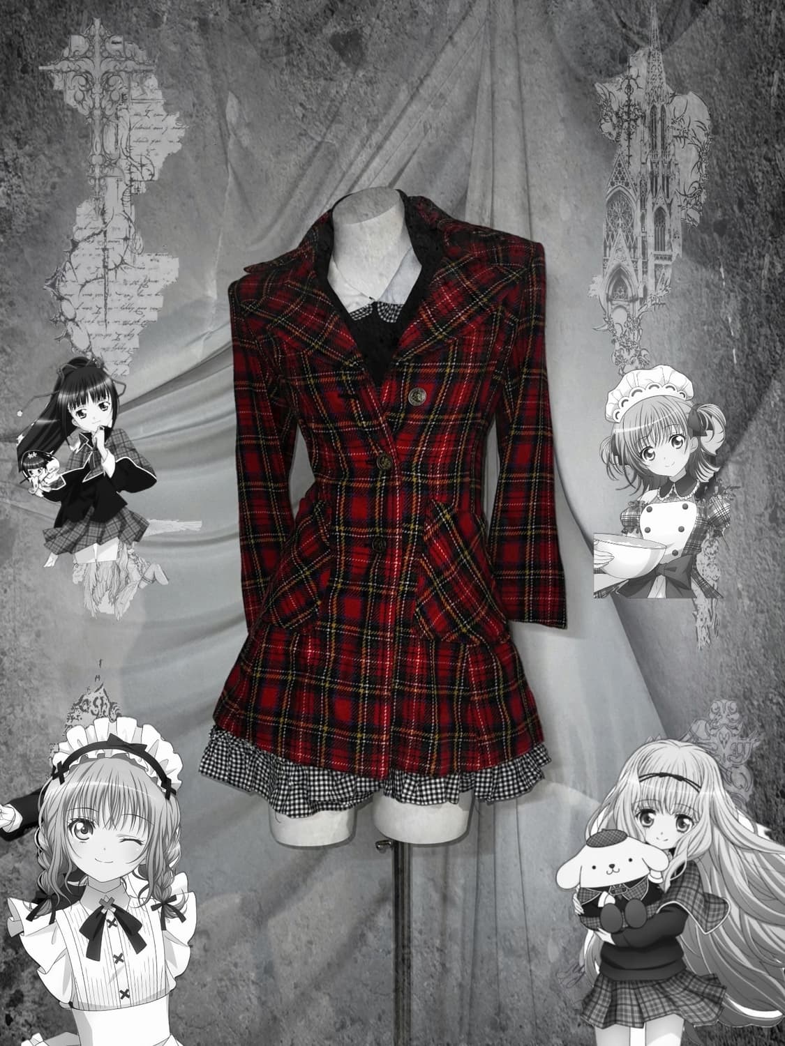 캐캐체깔 레드체크 무채색 데일리고딕 코디세트  상품이미지1