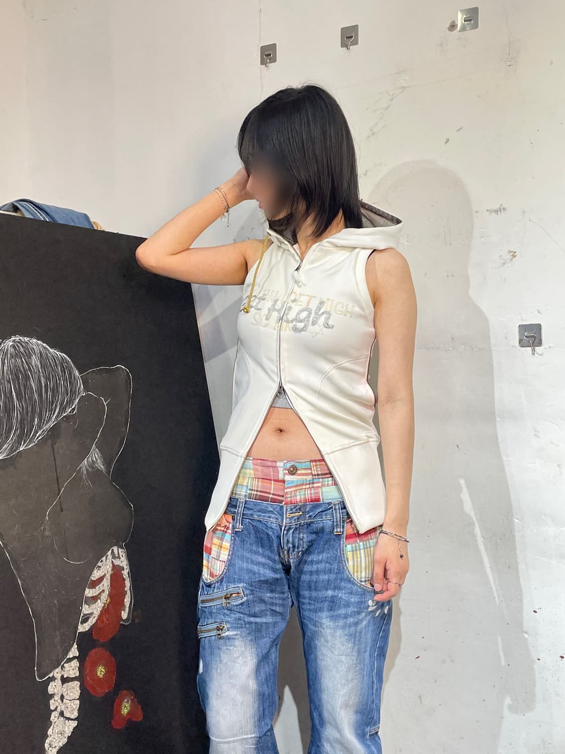 빈티지 y2k 화이트 글리터 펑크 후드 베스트 조끼 S 상품이미지4