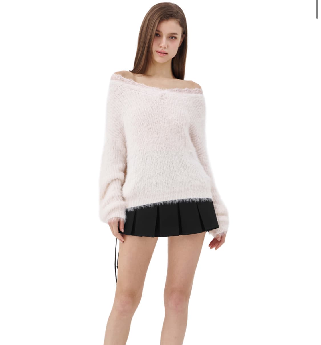 클리시어 블러쉬 레이스 오프숄더 니트 검정 블랙 상품이미지1